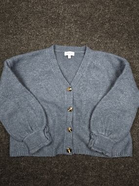 MABLE Womens S/M Blue Cropped Cardigan Sweater Gold Buttons Balloon Sleeve